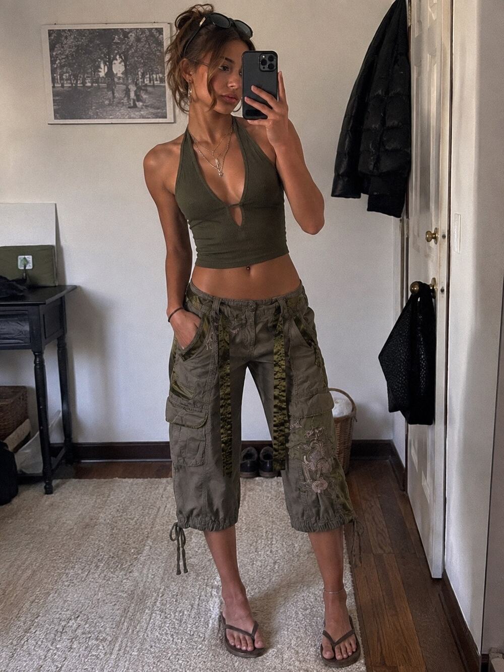Vintage Y2K Cache 90s Cargo Capris Low Rise Pants Utility Olive Green 0 XS
